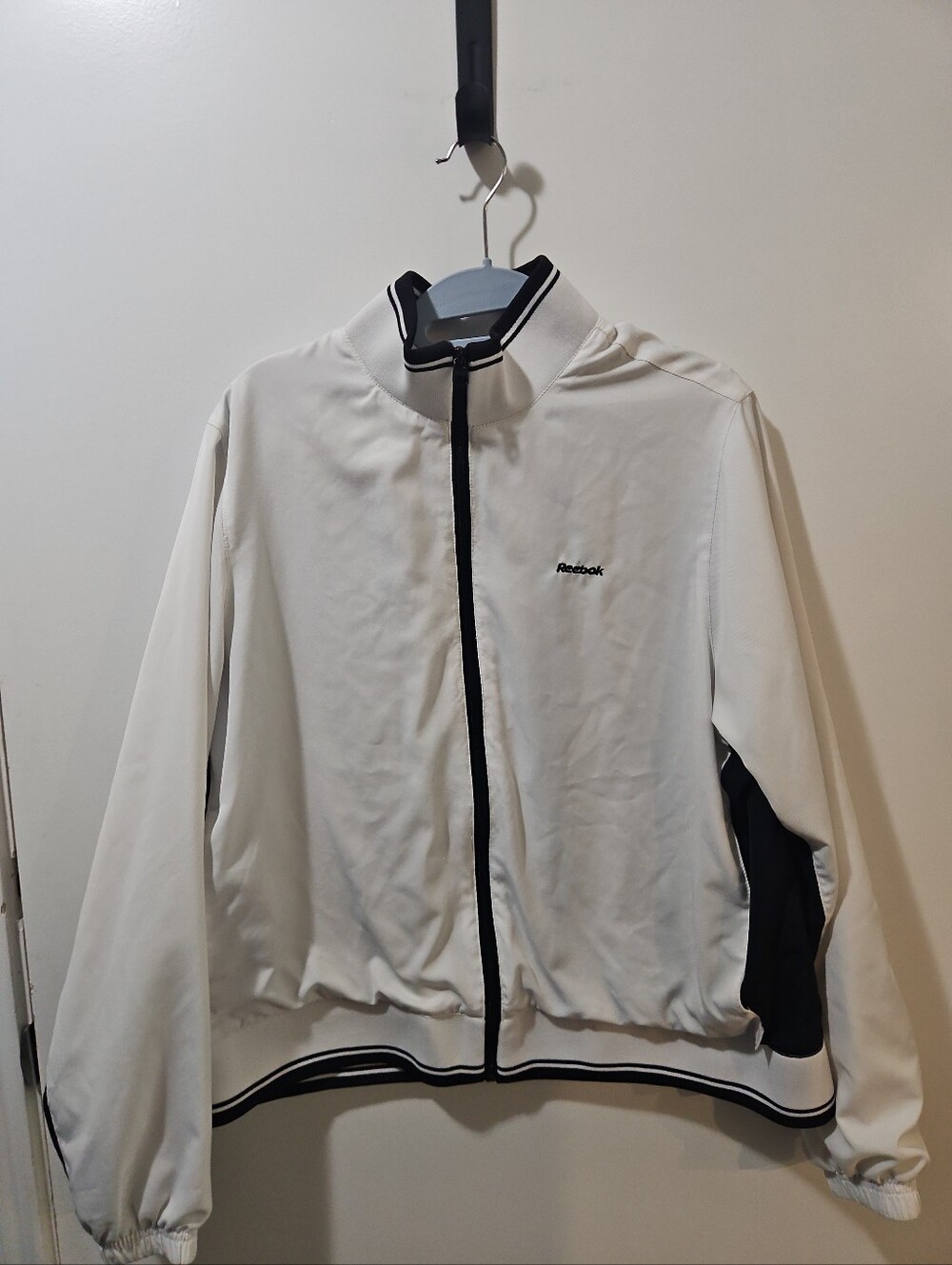 Vintage Reebok Track Jacket White Black Full Zip Windbreaker Womens XL Y2K 90s